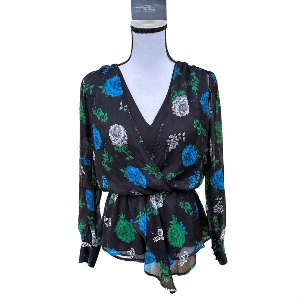 Vince Camuto Black Floral Long Sleeve Peplum Blouse Size XS